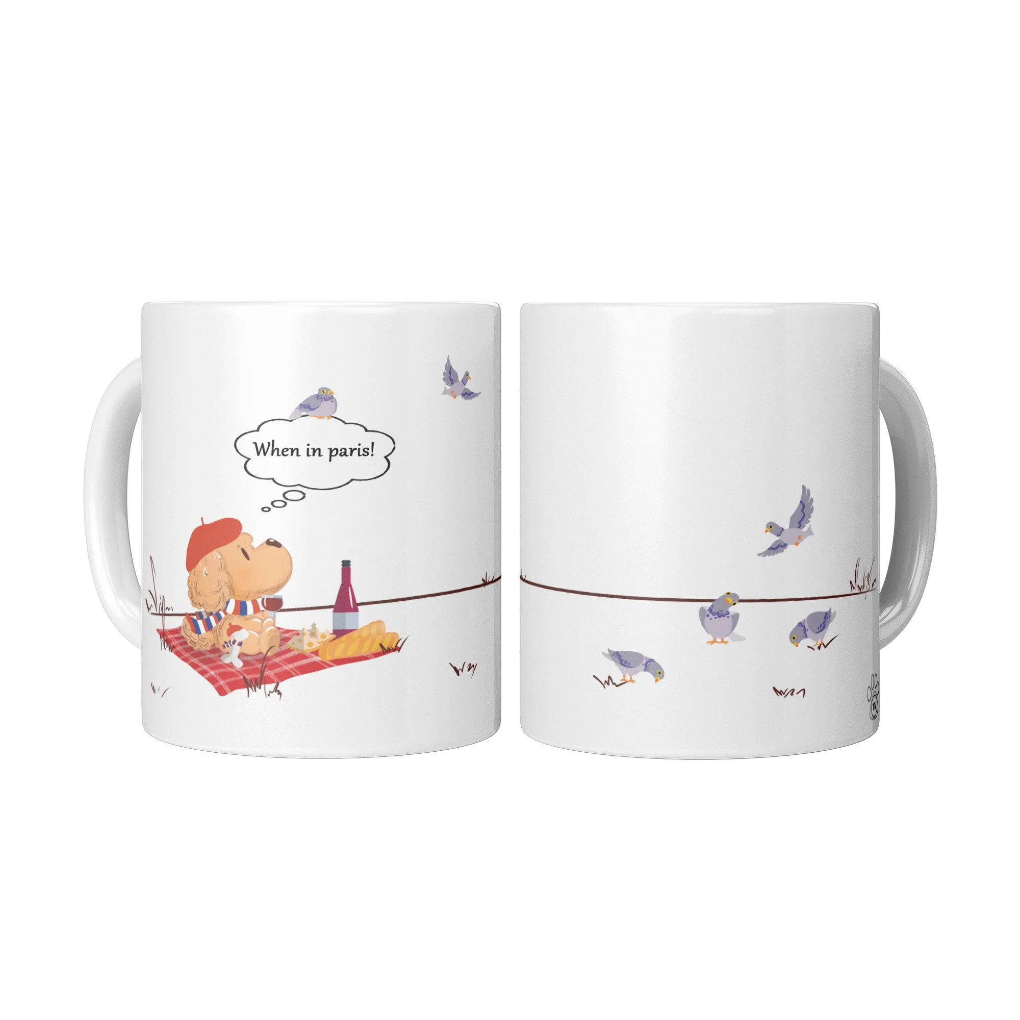 White When in Paris coffee mug with Ollie the dog enjoying a Parisian picnic, shown from two sides.