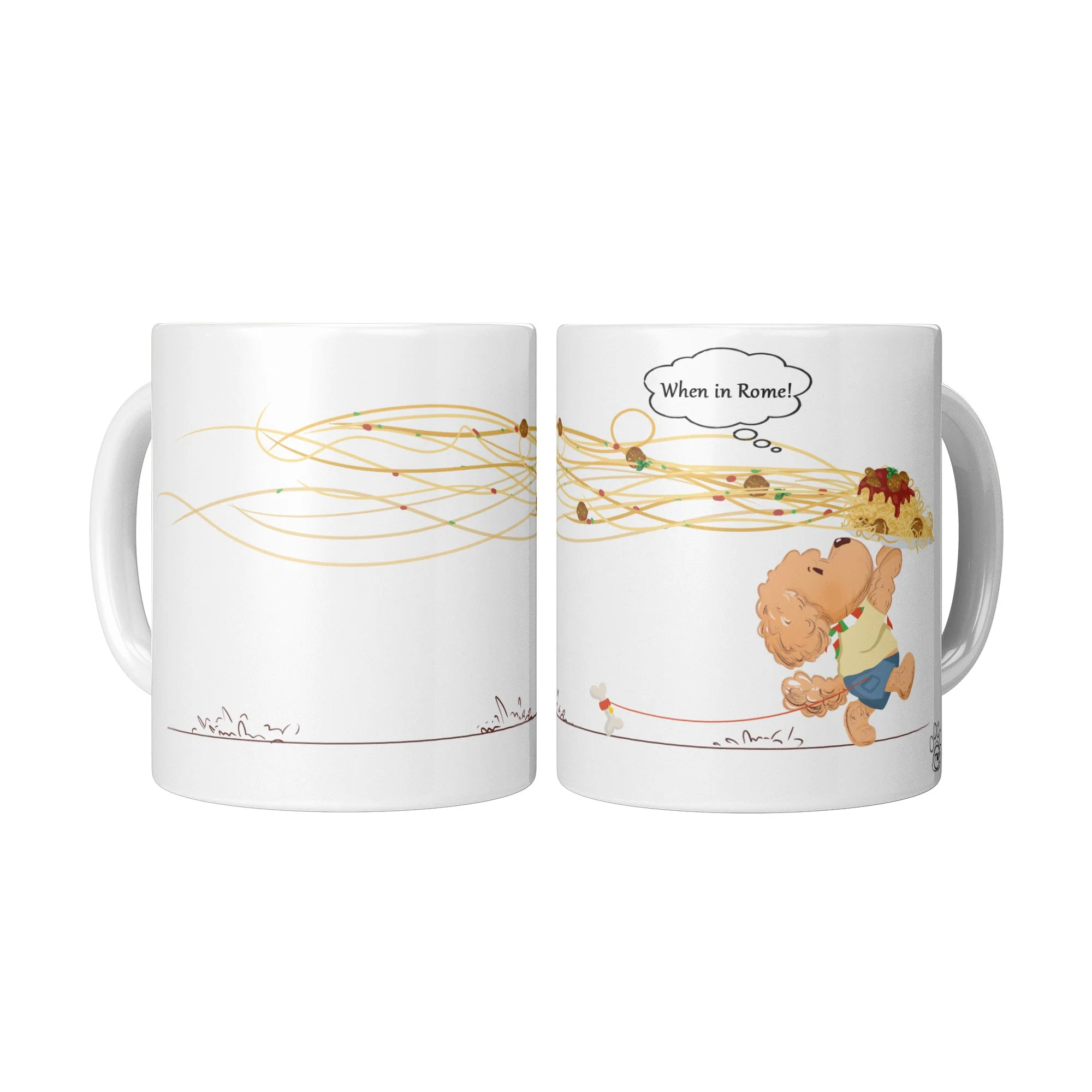 White When in Rome coffee mug with Ollie the dog and a playful pasta illustration, shown from two sides.