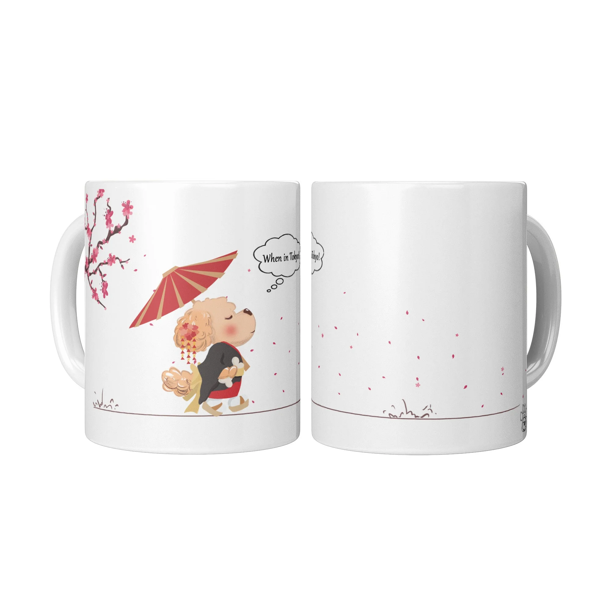 White When in Tokyo coffee mug with Ollie the dog, a Japanese parasol and cherry blossoms, shown from two sides.