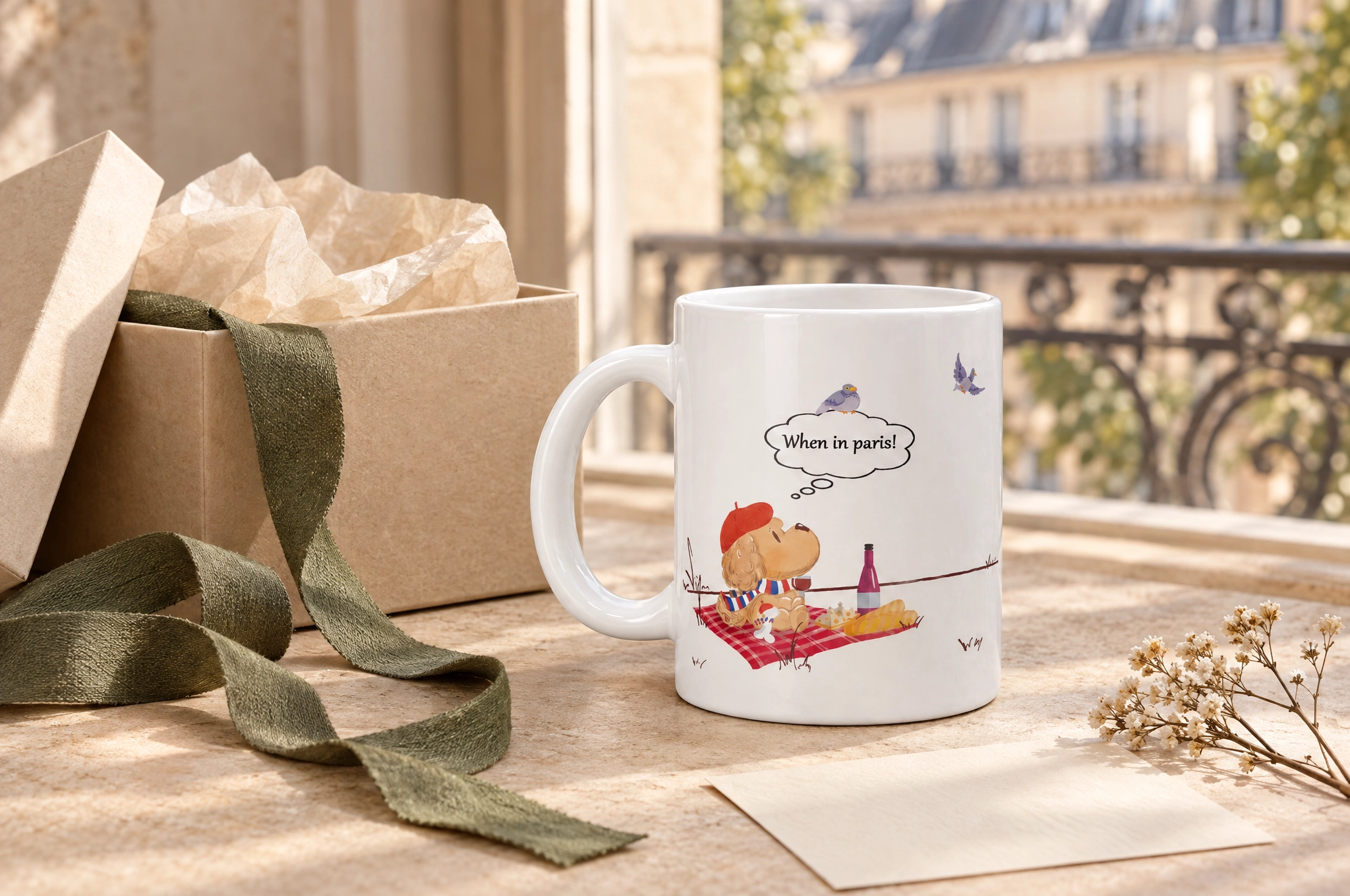 Ollie’s Paris ceramic mug beside a gift box, cream tissue paper and a sage ribbon in soft window light.