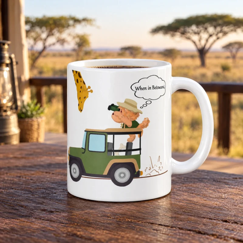 White 11 oz Botswana ceramic coffee mug with Ollie the dog, photographed in a Botswana-inspired setting.