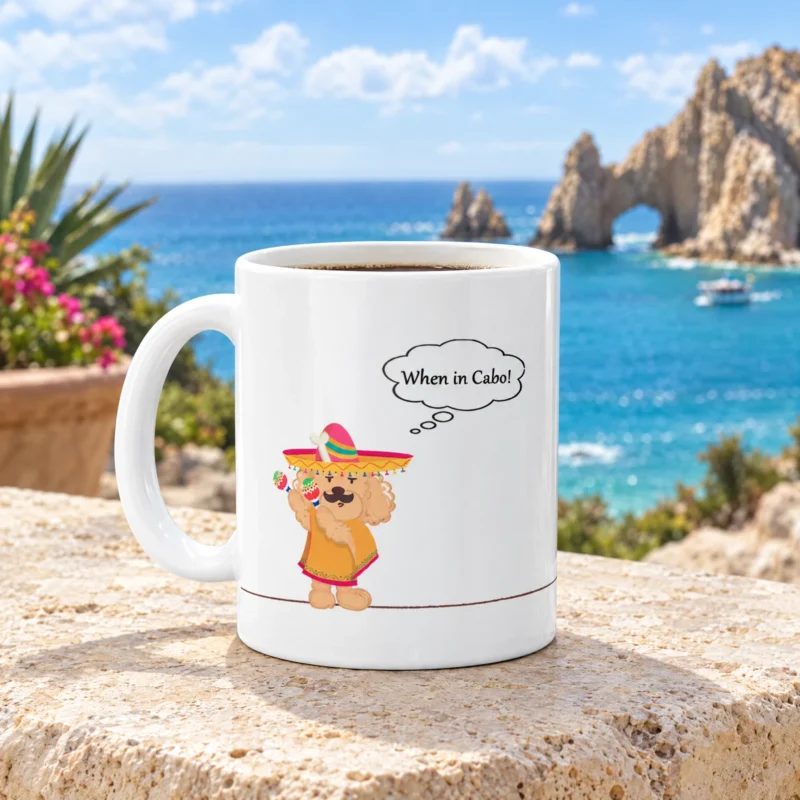 White 11 oz Cabo ceramic coffee mug with Ollie the dog, photographed in a Cabo-inspired setting.