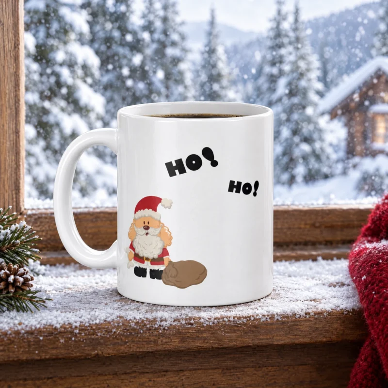 White 11 oz Christmas mug featuring Ollie the dog, photographed beside a snowy cottage window.
