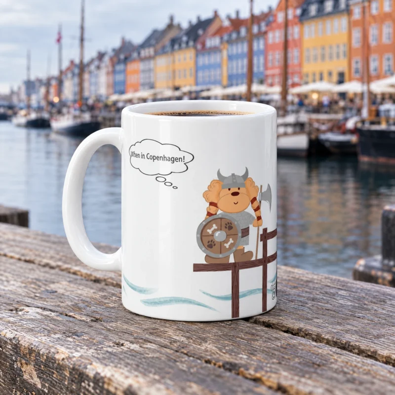 White 11 oz Copenhagen ceramic coffee mug with Ollie the dog, photographed in a Copenhagen-inspired setting.