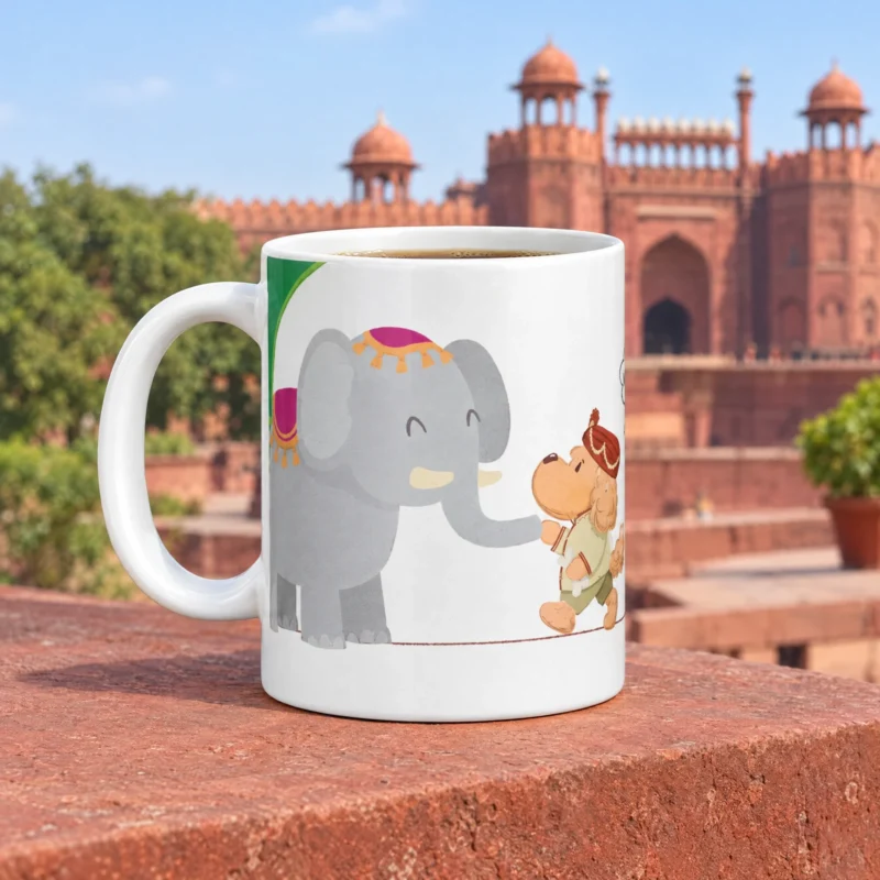 White 11 oz Delhi ceramic coffee mug with Ollie the dog, photographed in a Delhi-inspired setting.