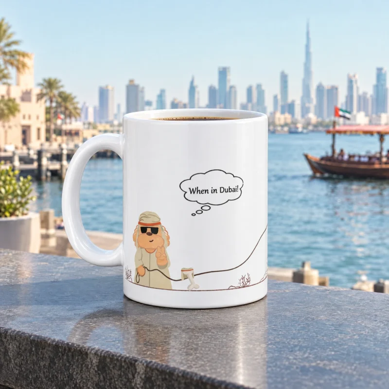 White 11 oz Dubai ceramic coffee mug with Ollie the dog, photographed in a Dubai-inspired setting.