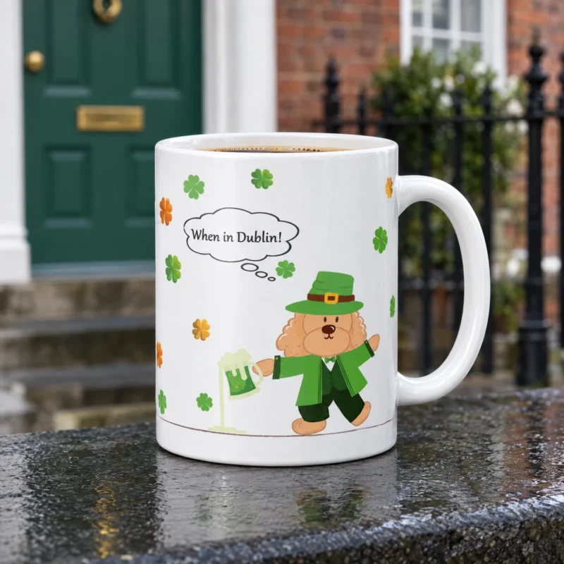 White 11 oz Dublin ceramic coffee mug with Ollie the dog, photographed in a Dublin-inspired setting.