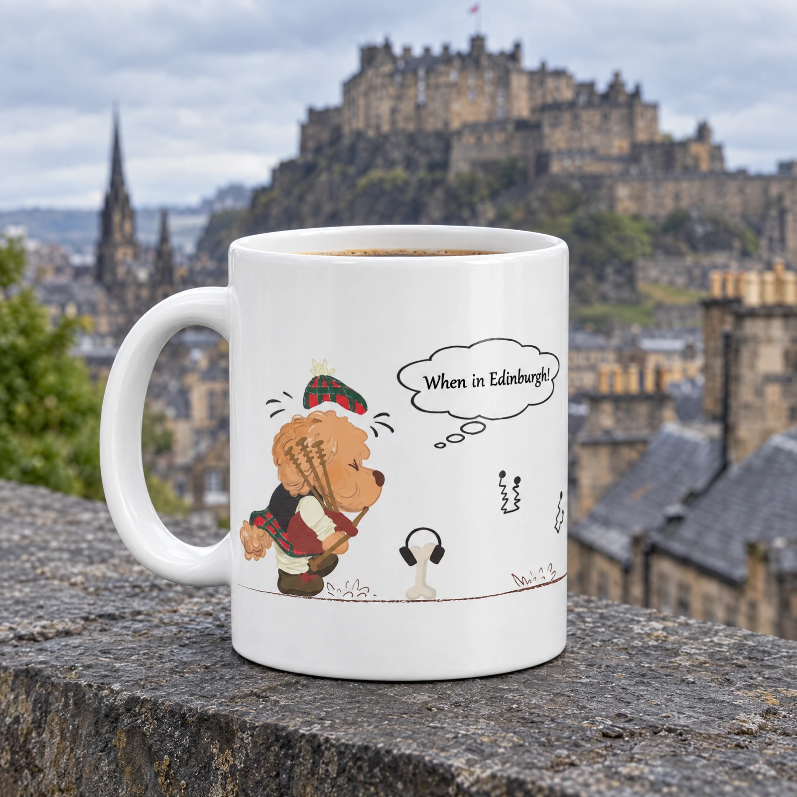 Edinburgh ceramic coffee mug, lifestyle photograph