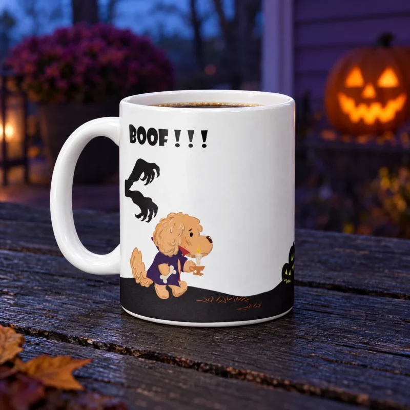White 11 oz Halloween ceramic coffee mug with Ollie the dog, photographed in a Halloween-inspired setting.