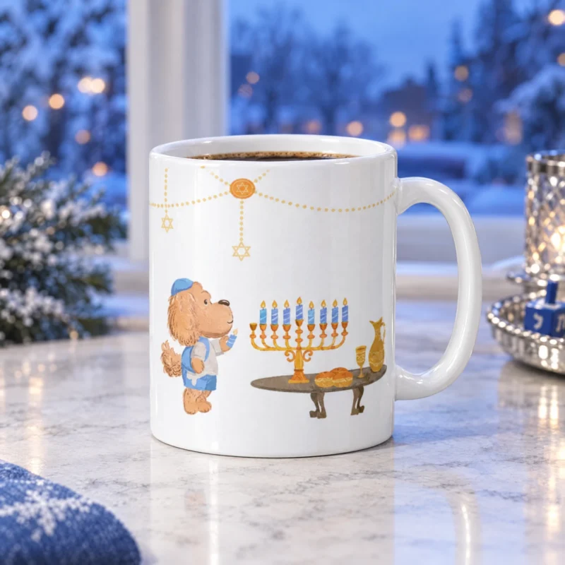 White 11 oz Hanukkah ceramic coffee mug with Ollie the dog, photographed in a Hanukkah-inspired setting.