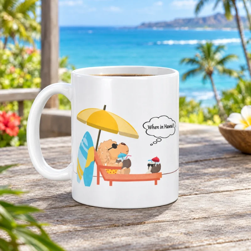 White 11 oz Hawaii ceramic coffee mug with Ollie the dog, photographed in a Hawaii-inspired setting.