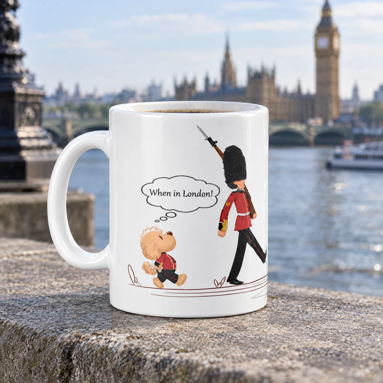 London ceramic coffee mug, lifestyle photograph