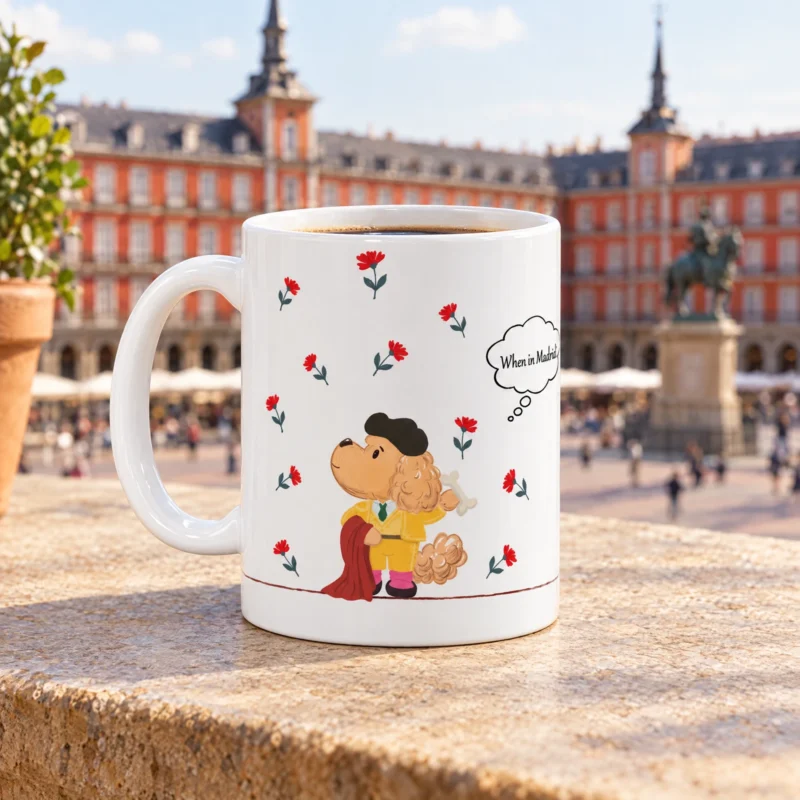 White 11 oz Madrid ceramic coffee mug with Ollie the dog, photographed in a Madrid-inspired setting.