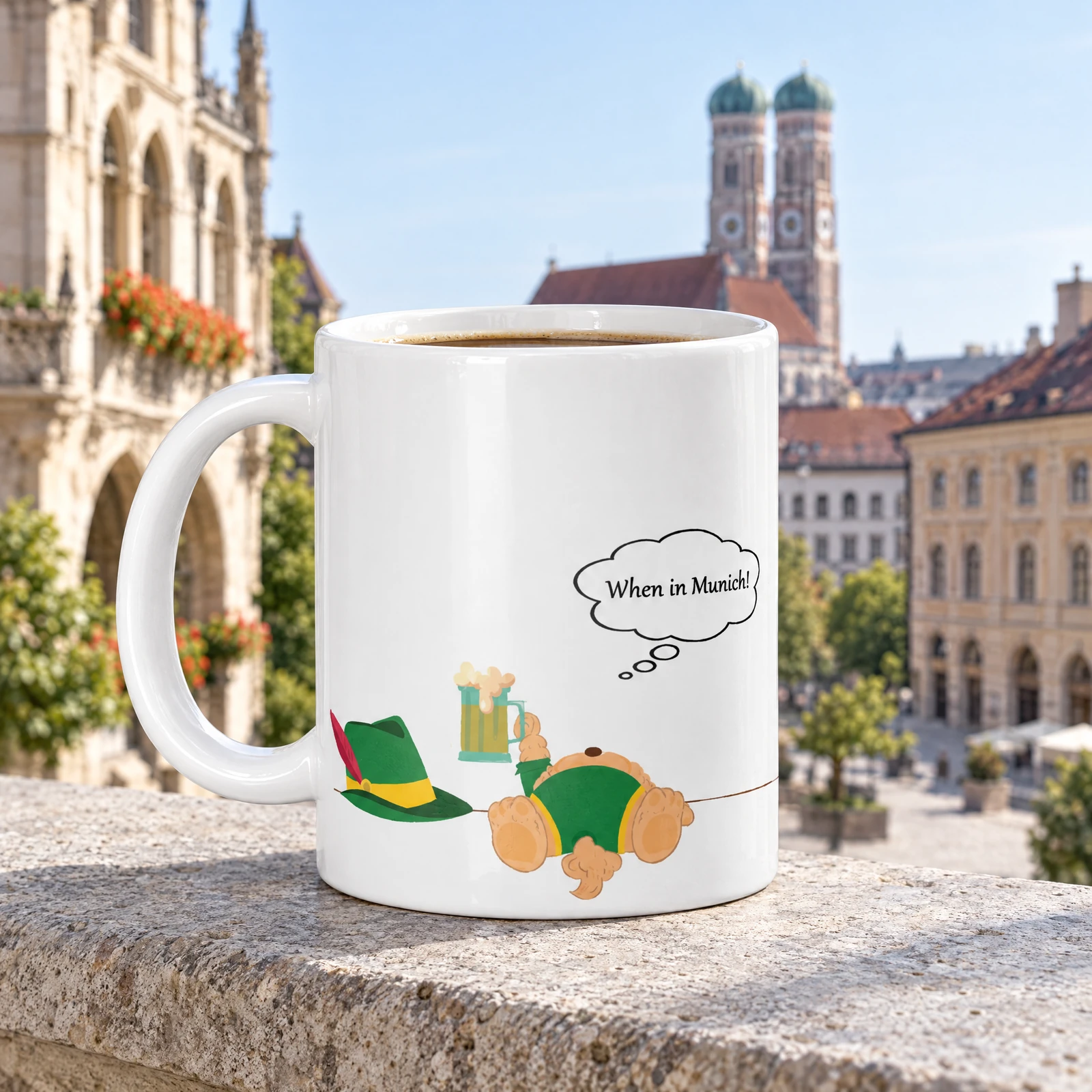 Munich ceramic coffee mug, lifestyle photograph