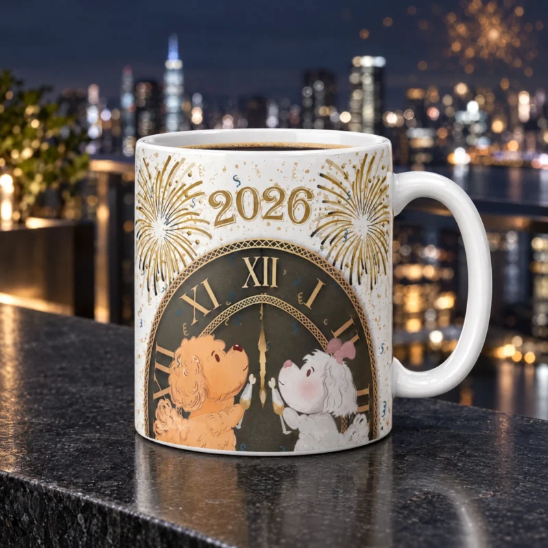 White 11 oz New Year 2026 ceramic coffee mug with Ollie the dog, photographed in a New Year 2026-inspired setting.