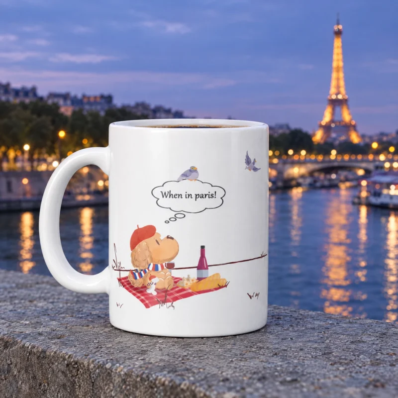 White 11 oz Paris ceramic coffee mug with Ollie the dog, photographed in a Paris-inspired setting.