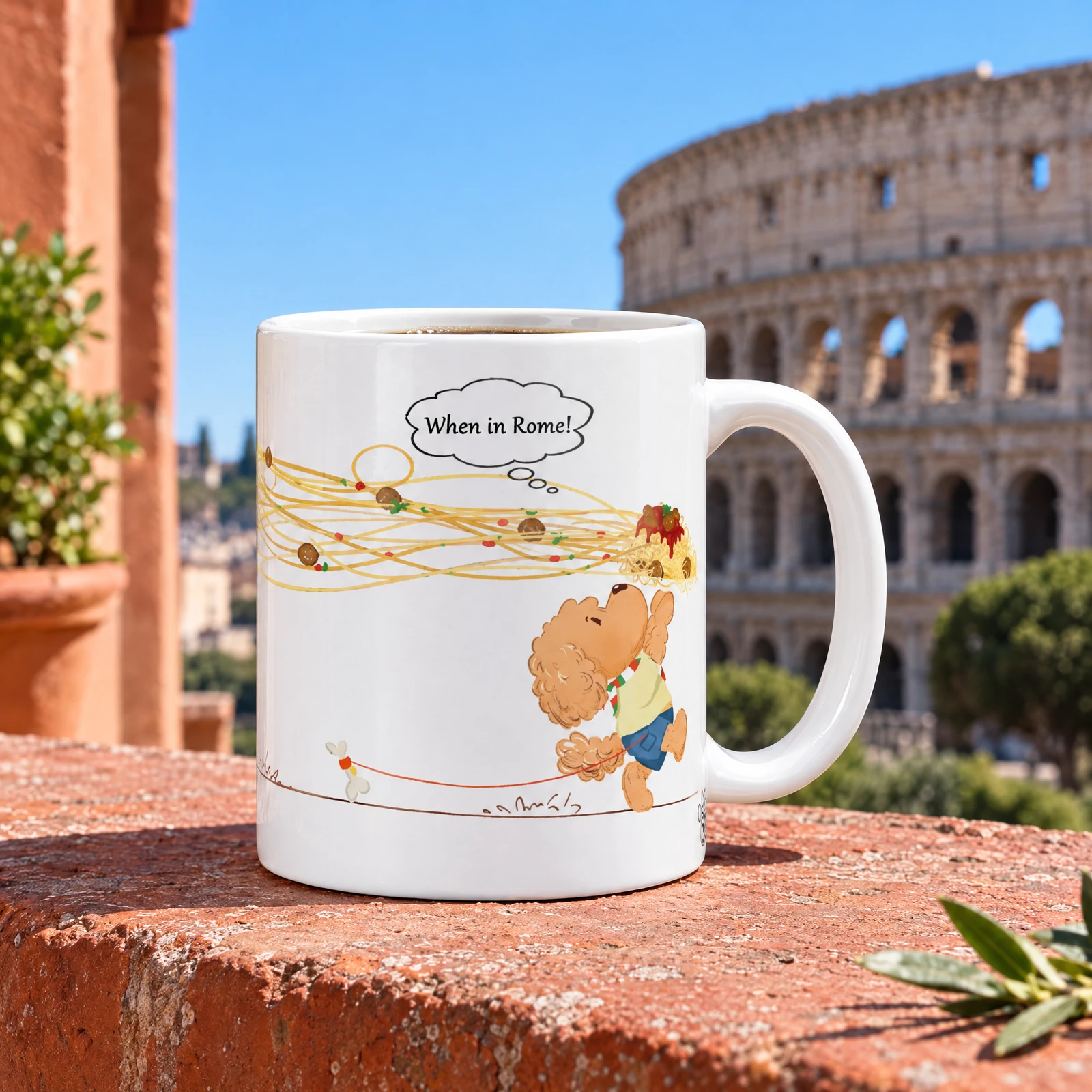 Rome travel mug beside the Colosseum