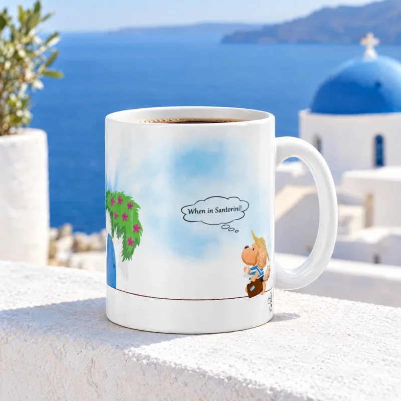 White 11 oz Santorini ceramic coffee mug with Ollie the dog, photographed in a Santorini-inspired setting.