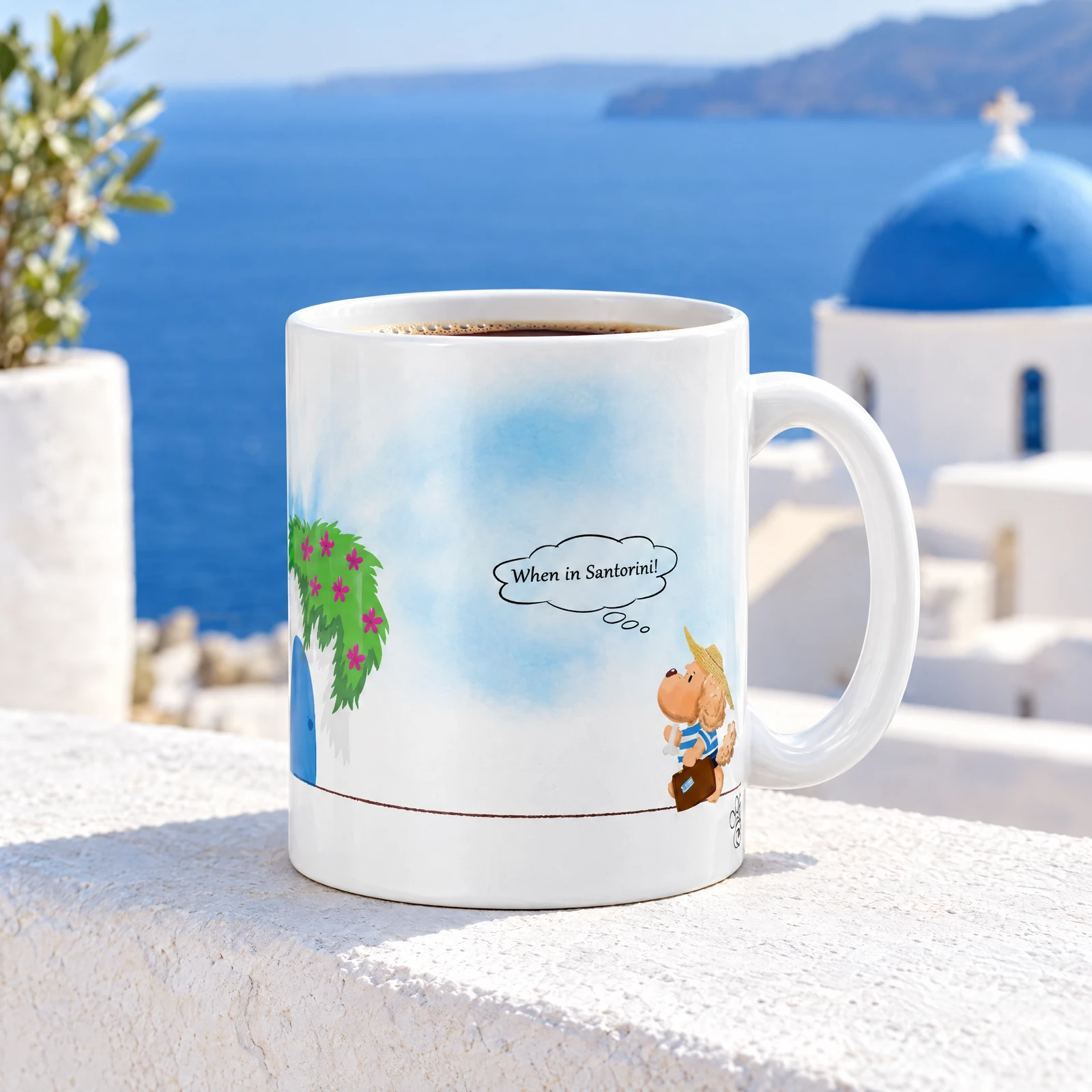 Santorini ceramic coffee mug, lifestyle photograph