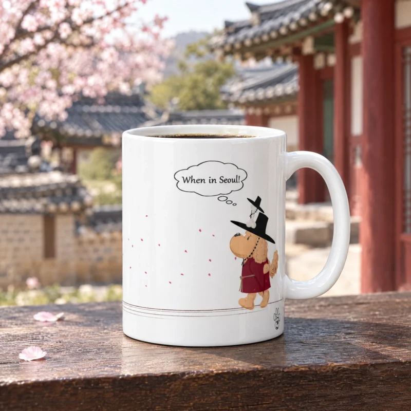 White 11 oz Seoul ceramic coffee mug with Ollie the dog, photographed in a Seoul-inspired setting.