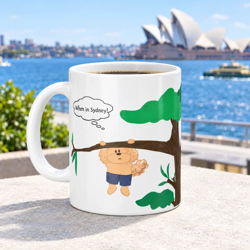 White 11 oz Sydney ceramic coffee mug with Ollie the dog, photographed in a Sydney-inspired setting.
