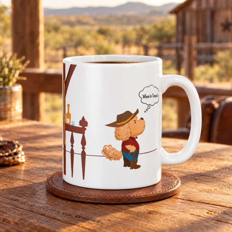 White 11 oz Texas ceramic coffee mug with Ollie the dog, photographed in a Texas-inspired setting.