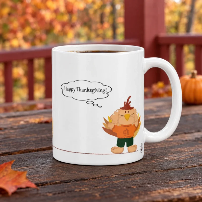 White 11 oz Thanksgiving ceramic mug with Ollie the dog, photographed on an autumn porch.