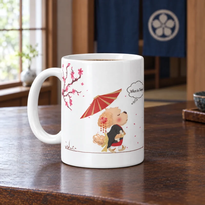 White 11 oz Tokyo ceramic coffee mug with Ollie the dog, photographed in a Tokyo-inspired setting.